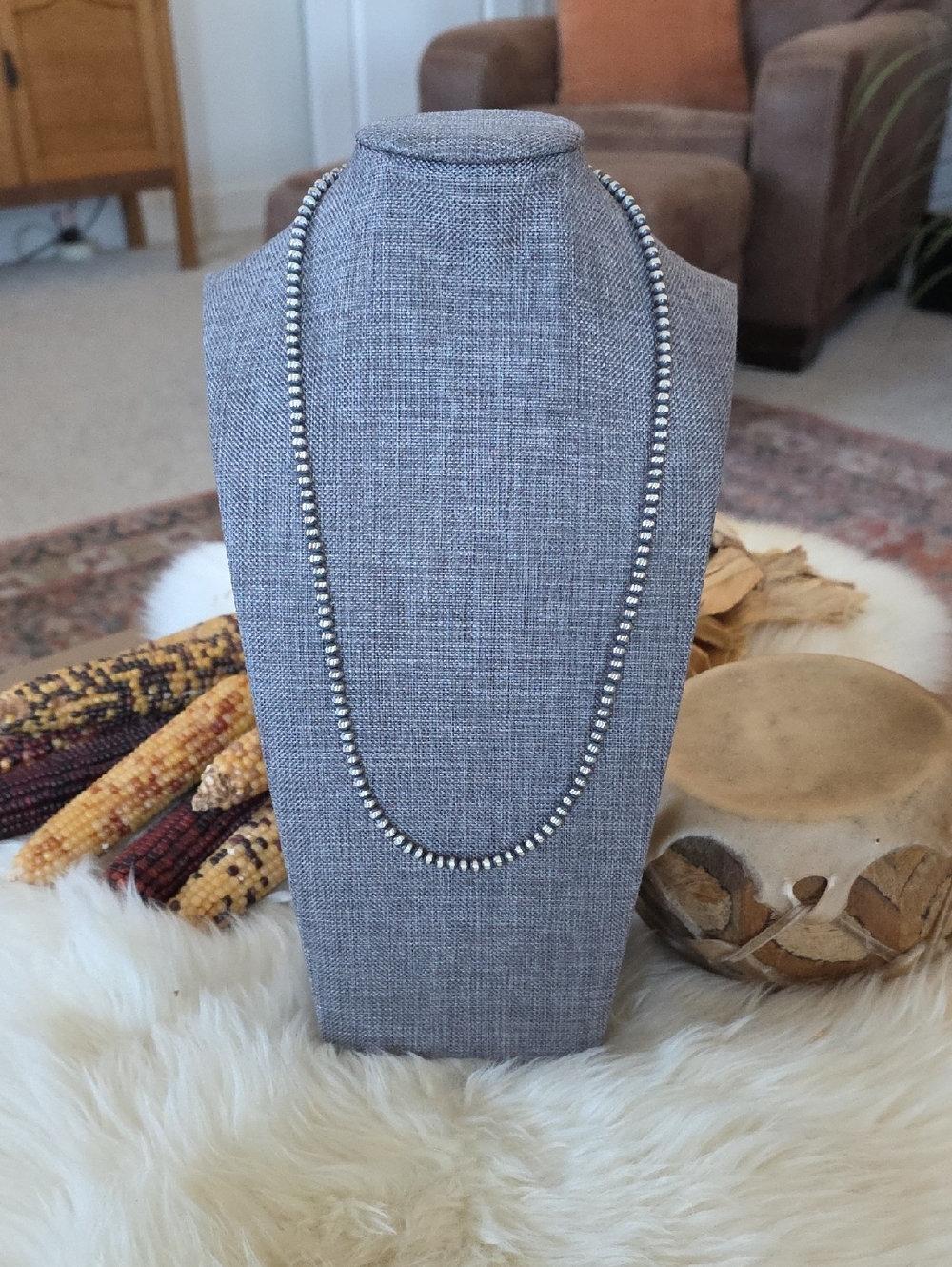 Beautiful NWT Native American Navajo 22" 4mm Sterling Pearl Necklace 🩶🎁❤️